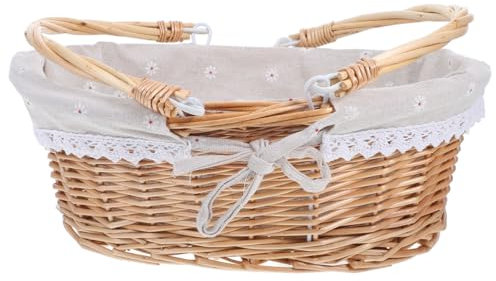 Healifty Picknickkorb Aus Rattan Mit Doppelten Klappgriffen Gänseblümchen-Sackleinen-Einlage Handgewebt Mehrzweck-Ostereier-Tablett Für Lebensmittel Brot Tisch Aufbewahrungskorb Heimdeko