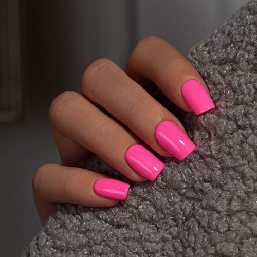 KQueenest Hot Pink Press on Nails Short Medium Square, Short False Nails with Glue, Glossy Bright Neon Pink Fake Nails Press ons, Vibrant Reusable Coffin Gel Stick on Nail for Women Manicure 28 Pcs