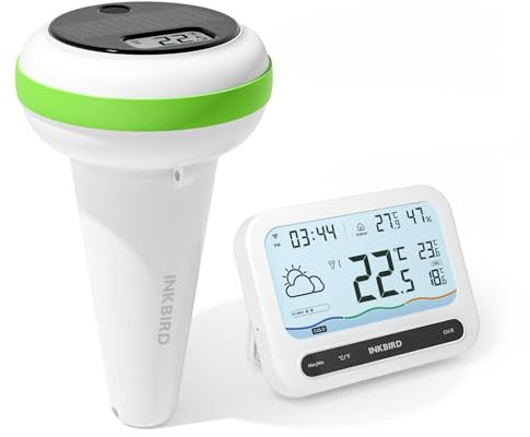 Inkbird Thermomètre Piscine WiFi Solaire avec Passerelle, Moniteur de Température et Humidité Intérieur Multifonctionnel avec Info Météo, Contrôle App, Alarmes Multiples pour Bassin,Spa,Étang