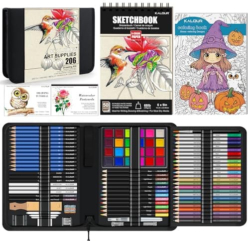 KALOUR Kunstbedarf-Set, 206-teilig, Zeichen- und Malset mit Skizzenbuch, Aquarell-Postkarten, Buntstiften, Kunstwerkzeugen