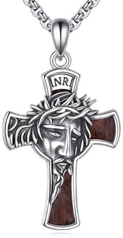 DAYLINLOVE Holz Kreuz Kette 925 Sterling Silber Echtes Ebenholz Jesus/Michael/Abalone Muschel/Jungfrau Maria/Rüstung Gottes/Raffael/Fischhaken/Hantel Anhänge Christlich Religiös Schmuck Geschenk Damen