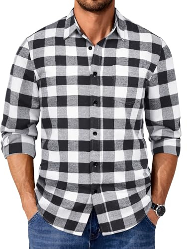 COOFANDY Men's Checked Shirt Long Sleeve Lumberjack Black White M