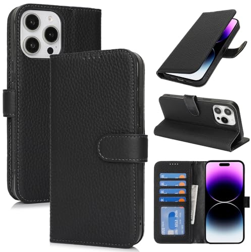 Zouzt Echtleder Hülle für iPhone 14 Pro Max 6,7, 4 Kartenfächern, Schwarz | Premium Leder, Kartenhalter, Magnet Klapp Schutzhülle, Stoßfeste TPU-Innenhülle, Frauen Männer, Leather Wallet Phone Case