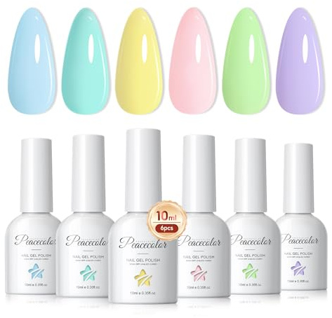 PEACECOLOR Gel Nail Polish - 6 Colours 10ML Pastel Gel Polish Set Pink Blue Purple Butter Yellow Green Macaron Colours Soak Off Nail Polish Art Manicure DIY Salon for Women Gift Box Set