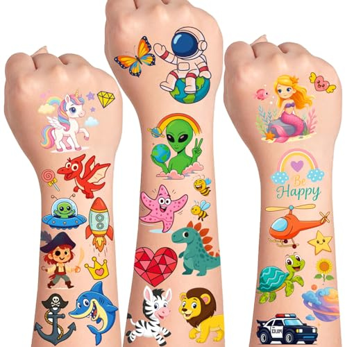 Tattoos für Kinder 300+ Bunt Kinder Tattoo, Temporary Kindertattoos für Jungen Mädchen enthalten Alien Dinosaurier Tiere Einhorn Meerjungfrau Schmetterling Piraten Auto Regenbogen Meerestiere Herz usw