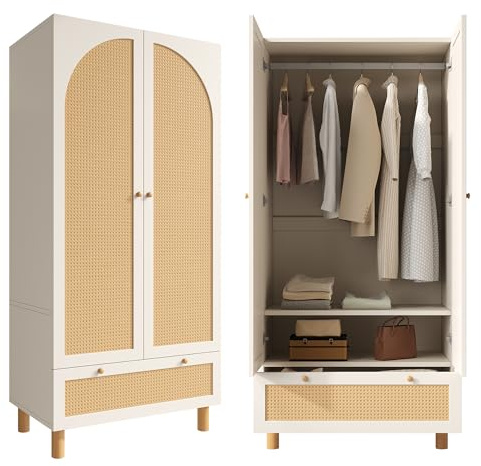 NovaFurnish Kleiderschrank Garderobenschrank mit 2 Türen & Rattan, Landhausstil Weiß mit großer Schublade, höhenverstellbaren Regalen & Kleiderstange, Inkl. Kippsicherung, 85.5X52X180cm