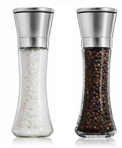 Edelstahl Salz und Pfeffermühle 2tlg - 190ml Mühlenset - Gewürzmühle unbefüllt, Glaskörper, Keramikmahlwerk, geeignet für Salz, Pfeffer und Gewürze, spülmaschinenfest