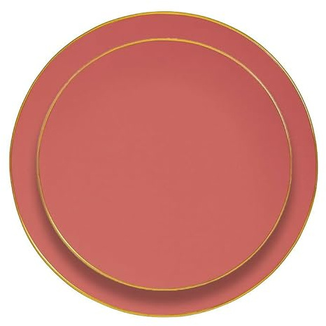 Élégant Ensemble d'Assiettes Réutilisables, Couleur au Choix avec Bordure Dorée, 16 Pièces, Grande 23cm-Petite 19cm,Plastique PVC Brillant,Lavable au Lave-vaisselle,Décoration Mariage(Terracotta)