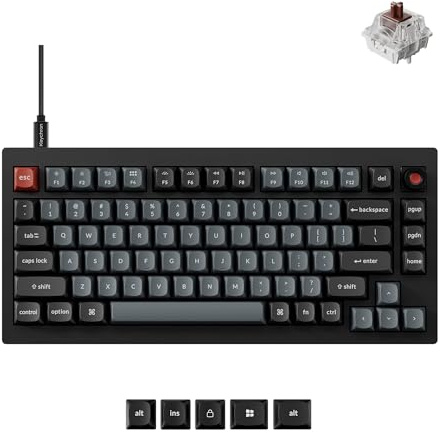 Keychron V1 Clavier mécanique filaire 8K 75 % avec bouton, QMK/VIA programmable, remplaçable à chaud avec commutateurs Keychron Super Brown, taux d'interrogation de 8000 Hz, rétroéclairage RVB pour