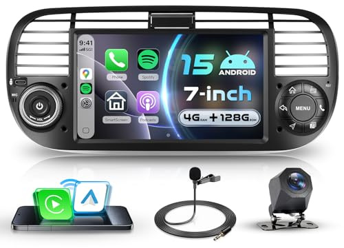 VECHTEL 4G+128G Autoradio Android 15 für FIAT 500 2007-2015, 7'' IPS Touchscreen mit Drahtlos Carplay Android Auto, Auto Radio Unterstützung GPS Wi-Fi USB/Typ-C Bluetooth FM RDS Radio Rückfahrkamera