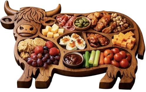 Gwtdtoad Highland Beef Serving Plate, 33 cm Cow Shaped Charcuterie Board, Wooden Cheese Board, Snack Board for Home, Kitchen, Dining Table, Banquet, Family Celebrations