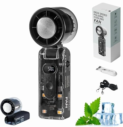 TopTrend1 ICE FAN - Mini Portable Handheld Turbo Fan with Cooling Plate & ICE Button, 3600 mAh Battery for Hours of Personal Cooling. USB Rechargeable Handheld Fan with LED Light (BLACK)