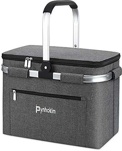 30L Kühlkorb Einkaufskorb mit Seitenstütze isolierte Tragekorb Faltbar Picknickkorb mit Deckel Thermotasche Thermokorb mit Alurahmen Stabiler Korb-für Reisen/Picknick/Einkaufen