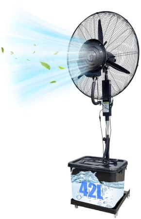 Romyqpipy Ventilador Nebulizador Industrial de Pie con Depósito de Agua de 42L, Ajustable en Altura, 3 Velocidades, Alcance de Nebulización de 7~8m, Ventilador de Suelo para Tiendas y Garajes