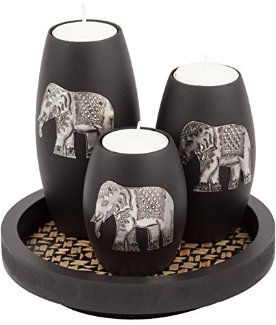 IYARA CRAFT Teelichthalter mit Kerzentablett, dekorativer Kerzenhalter, mattes Holz-Finish, mit eingelegtem Aluminium, antiker Elefant, aufwendige Details