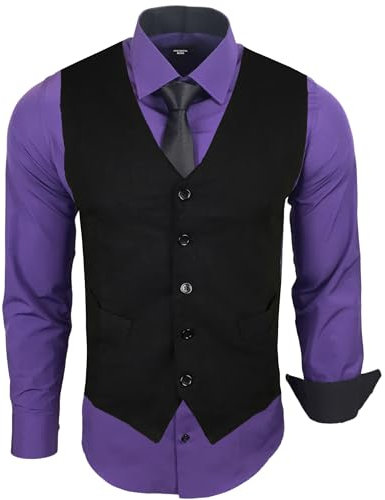 Subliminal Mode - Gilet + Chemise + Cravate Homme Col Bicolore Uni Manches Longues Coupe Ajusté Business Repassage Facile RN33 Noir et Violet Foncé L