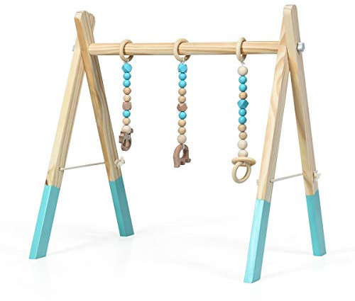 COSTWAY Baby Spielbogen Holz, Spieltrapez klappbar, Baby Gym mit 3 abnehmbaren Kinderspielzeugen, Spieltrapez für Babys über 3 Monate, Holzspielzeug zur Gehirnentwicklung (Grün)