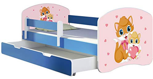 ACMA Kinderbett Jugendbett mit Einer Schublade und Matratze Blau mit Rausfallschutz Lattenrost II 140x70 160x80 180x80 (33 Miezekatzen, 160x80 + Bettkasten)