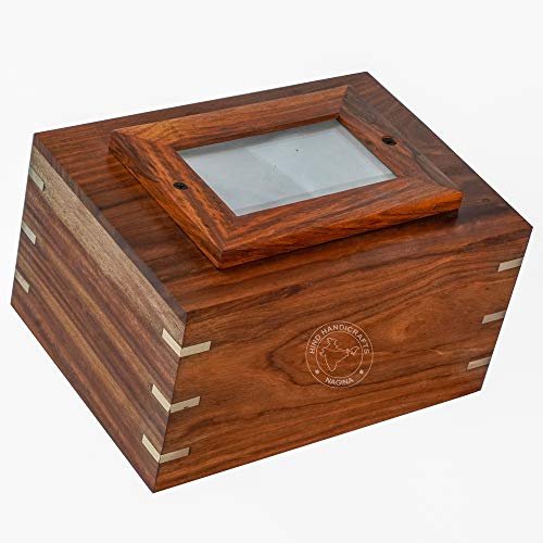Hind Handicrafts Rosewood Messing eingelegte Holzurne für menschliche Asche Erwachsene – Handgefertigte Foto-Beerdigungsurne – Großes Columbarium