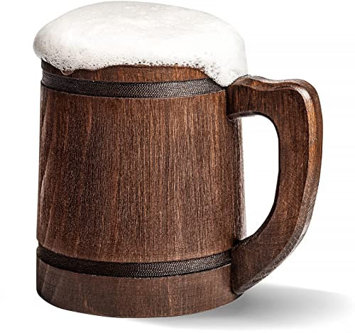 HOZPROM Handgefertigter rustikaler Holz-Bierkrug aus echtem Eichenholz, umweltfreundlich, Edelstahl, 600 ml, Braun 2 – Etno Motiv Holz Wikinger Bierkrug Irischer Retro Halloween Becher Cowboys