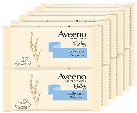 Aveeno Baby Daily Care Wipes (12 x 72 unidades), Toallitas húmedas suaves para bebés y niños, toallitas bebé con extracto de avena y aloe vera, sin perfume, sulfatos ni alcohol