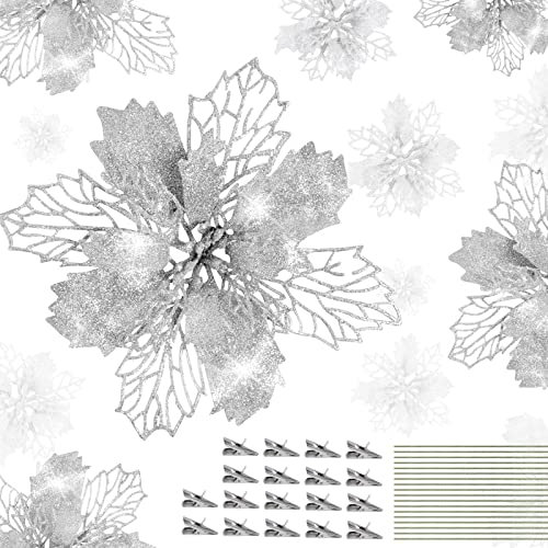 18 Stück Weihnachtsbaum Deko Künstliche Glitzer Weihnachtsblumen mit Clip und Stiel Weihnachtsbaum Blumen Dekoration für Anhänger und Kranz (Silber, 15cm, 11cm, 9cm)