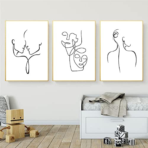 HMXQLW Abstrakter Strichzeichnung Minimalist Bilder Leinwandbilder Modern Schwarz Weiß Abstrakter Poster für Wohnzimmer Schlafzimmer Deko Kunst Malerei Kein Rahmen 3er Set (Paar Gesicht,30X40CM)