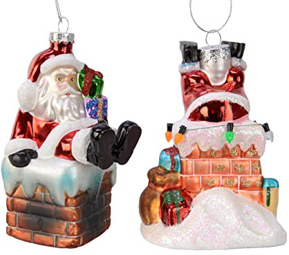 Kaemingk Christbaumschmuck Glas 13cm x 2 Stück Weihnachtsmann mit Schornstein Weihnachtskugeln Santa bunt