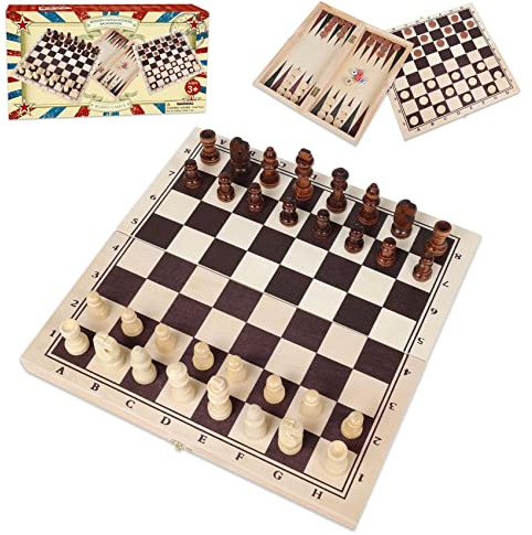 Holzschach, Schach und Backgammon 3 in 1 Brettspiel Set, klassisches traditionelles Nachtspiel für Kinder, Erwachsene und ältere Familien