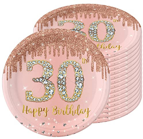 16 PCS Assiette Jetable 9 Pouces,Assiette Anniversaire Rose Gold,Decoration Anniversaire 30 Ans,Assiette Dessert Jetable pour Fêtes Joyeux Anniversaire Decoration,Kit Vaisselle Jetable Anniversaire