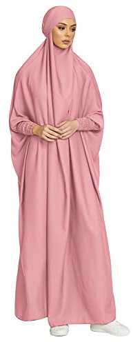 IMEKIS Damen Muslimischen Jilbab Kleid Islamischen Ramadan Gebetkleid mit Hijab Kapuze Abaya Kleid Einfarbig Lose Arabisch Khimar Kaftan Nahen Osten Dubai T?rkei in voller L?nge Robe Rosa