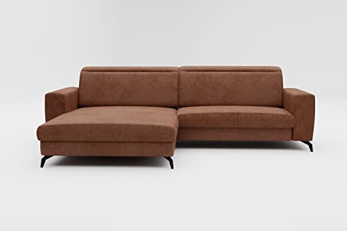 CAVADORE Ecksofa Bounce in Vintage-Leder-Optik / Eckcouch mit Schlaffunktion, Bettkasten + Kopfteilverstellung / 290 x 88-108 x 178 / Mikrofaser, Sattelbraun