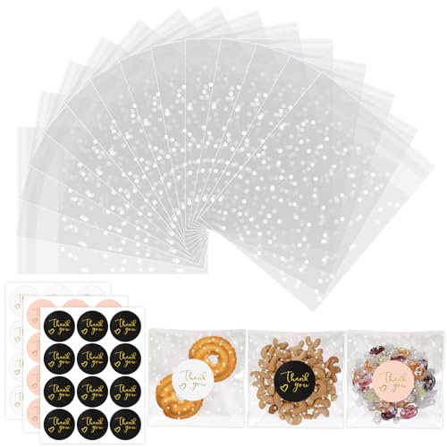 Bomtop 100 Pièces Sachets Bonbons Transparents, Sac Cellophane Plastique OPP Pochette avec 108 Étiquettes Thank You, Sacs à Biscuits Autocollants pour Mariage Anniversaire Noël Fête Cadeau (10 * 10cm)