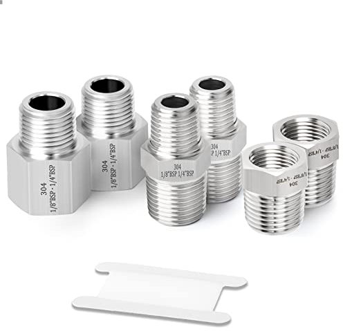 ERGAOBOY 6 Pcs 1/8 BSP x 1/4 BSP Forged Stainless Steel Pipe Fitting, Hex Bushing, Reducer Adapter, Reducing Hex Nipple Connectors