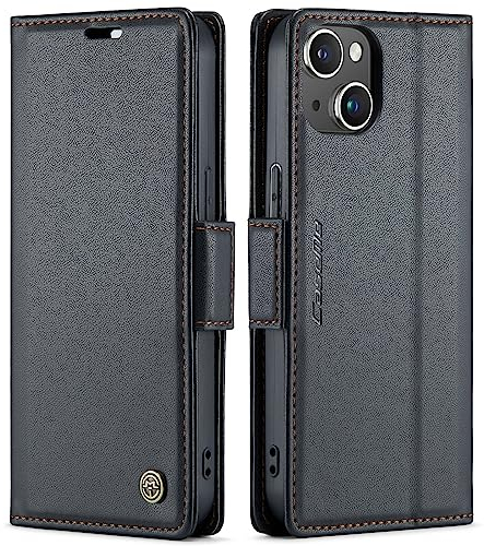 QLTYPRI Wallet Case for iPhone 13/14, Premium PU Leather Magnetic Flip Folio Case with RFID Blocking, Credit Card Slots, Kickstand, Shockproof Protective Phone Case Cover - Black