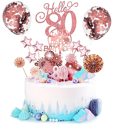 Tortendeko 80 Geburtstag Männer Frauen 17 Pcs Cake Topper Happy Birthday Kuchen Dekoration 80 Geburtstag Torten Topper Deko mit geburtstagskerzen Sternen Konfetti-Luftballons und Papierfächer Roségold