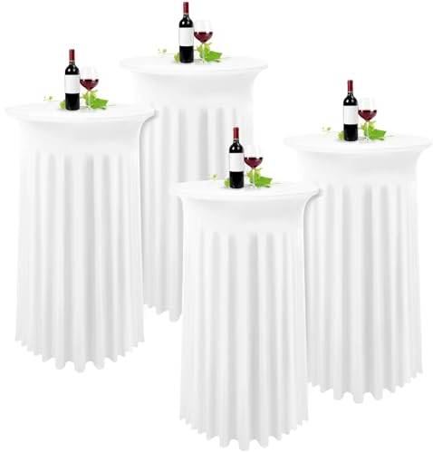 YMHPRIDE 4 Packungen Weiße Cocktail Spandex Stretch Tischdecke mit Rock, 80×110cm Runde Verbessertes Modell Cocktailtischrock Tailliertes High Top Stehtisch Husse für Party Hochzeit Banketttisch