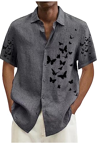 ManschettenknöPfe Herren Muskelshirt Weisse Hemden Hemd Herren FüR MäNner Herren Schmetterlingsdruck Revers Kurzarmhemd Mit Taste Kurzarm Freizeithemd 20er Jahre Herren (Grau, M)
