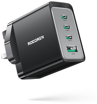 Rocoren 65W USB C Charger, MacBook Charger GaN 67W 4-Port PD3.0 QC4.0 PPS Compact USB C Plug Fast Charge Compatible with MacBook Pro/Air, iPad Pro, iPhone 16/15, Galaxy S24/S24+/S23, Huawei MateBook