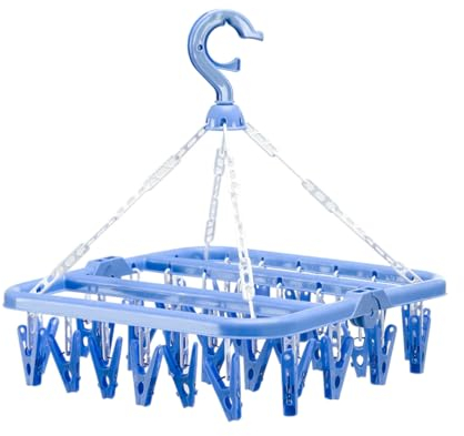 gogocow Sockentrockner Wäscheständer, Kleiderständer, Faltbarer Trocknerbügel mit 32 Clips, Babykleidung, Kleiderbügel für Unterwäsche, Socken, Höschen (Blau)