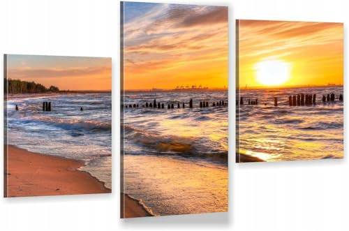 HUBDECO 3-Teiliges Leinwand Bild Wohnzimmer - Bilder, Poster, Kunstdrucke - Leinwandbild - Bild auf Leinwand - Tolle Zimmerdekoration - Schlafzimmer Bilder - 94x60 cm Ostseestrand