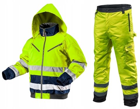 NEO TOOLS Herren Wasserdichte und Isolierte Arbeit Warnschutzhose + Warnjacke | Sehr Warm, Kleidung aus Strapazierfähigem 300D-Oxford-Gewebe Gr. S-XXL, Gelb