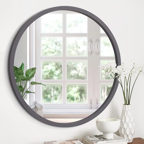JJUUYOU Round Mirrors for Wall Circular Mirror for Bathroom 60 CM Wood Framed Circle Mirror for Bathroom Make up Mirrors for Living Room Wall Mounted Bedroom Dorm
