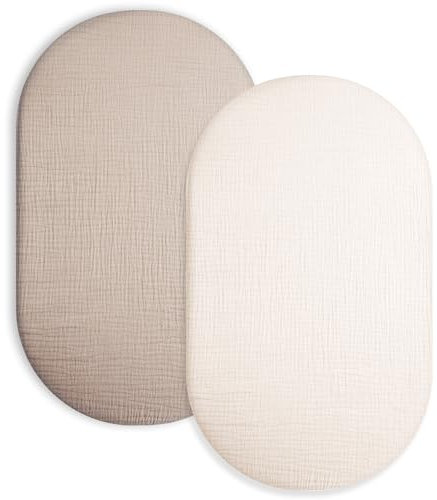 Stubenwagen-Bettlaken für Babys, Jungen und Mädchen, 2er-Pack, Spannbettlaken für rechteckige, ovale Sanduhr-Stubenwagenmatratze, Musselin-Moseskörbchen-Bettlaken mit neutralem Stil (beige und