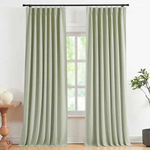 Vision Home Linen Blend Blackout Pinch Pleat Curtain Panels for Living Room Bedroom Thermal Insulated Drapes with Hooks 40 W x 102 L, 2 Panels, Mellow Green