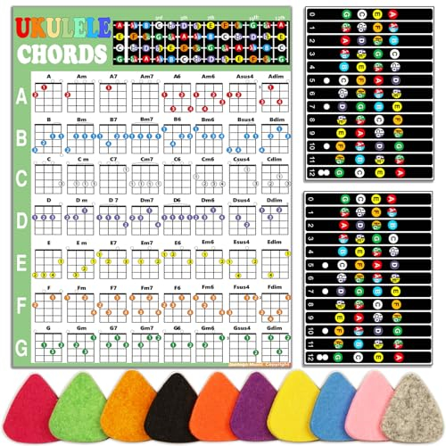 JUNLEGO Ukulele Anfänger Kit: Akkorddiagramm, Griffbrett-Aufkleber, Plektren - Schwarz und Weiß Vinyl, Ukulele Zubehör