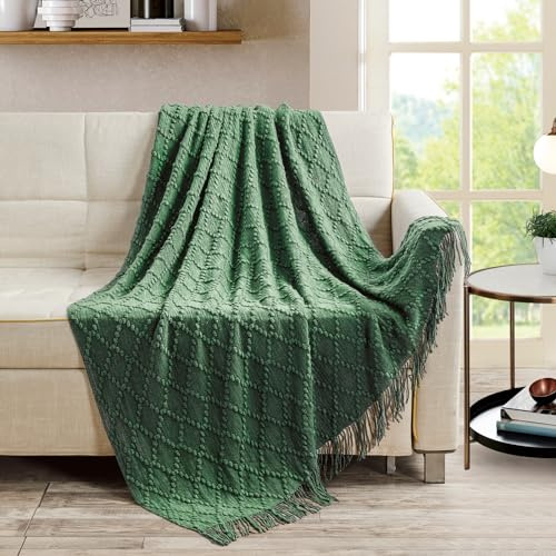 BOURINA Textured Solid Knitted Throw Blanket Green 127x178cm | Cozy textured knitted throw blanket, warm lightweight cover, washable decor blanket for sofa, couch and bedroom use