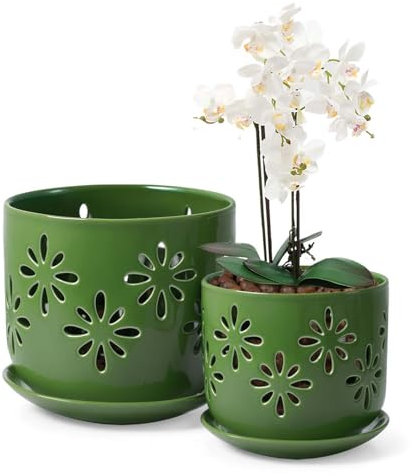 EFISPSS Vasi per orchidee con fori, vasi in ceramica da 12,5 + 15,2 cm, con fori di drenaggio e vassoio, drenaggio e ventilazione migliorati, vasi da fiori per piante da interno/esterno per rinvaso,