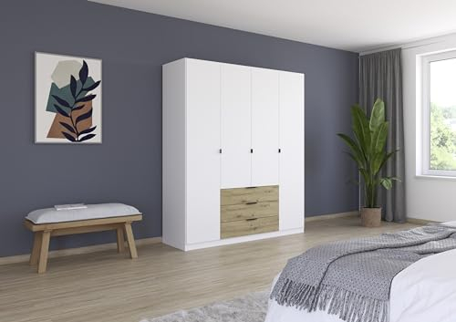 möbelando Drehtürenschrank >Davoa< in alpinweiß/Eiche Artisan - 181x210x54 (BxHxT)