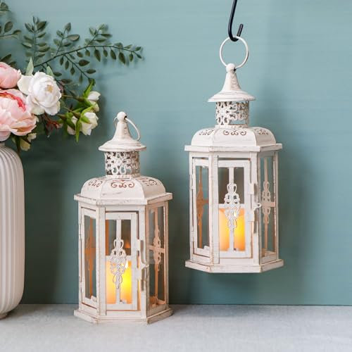 JHY DESIGN Lanterne decorative, 30 cm di altezza, Lanterne per esterni, Porta candele in metallo vintage per interni ed esterni, matrimoni, eventi (nero con pennellata dorata)